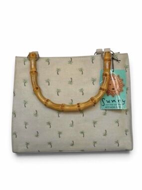 Sunny Hawaii Tan Embroidered Palm Tree Canvas Bag with Bamboo Handles